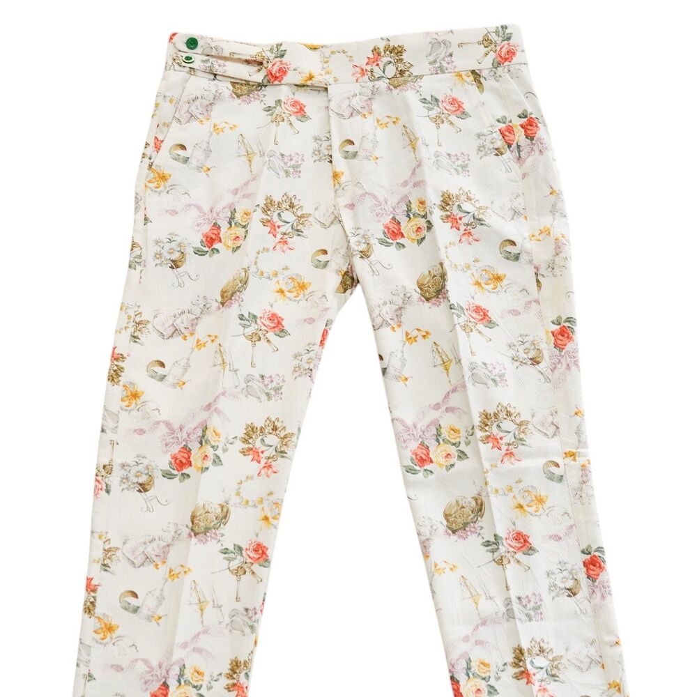 Mens 36 Gurkha Pants Ivory Floral Print Cotton Flat Front Slim Fit Trousers